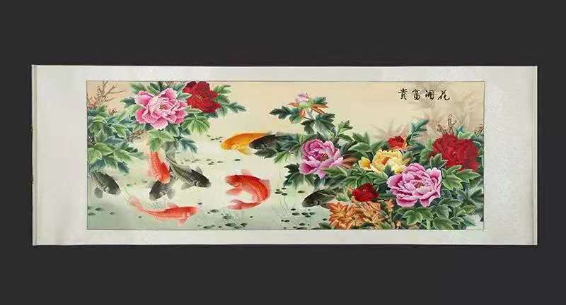 LONG SCROLL EMBROIDERY PICTURE OF BLOOMING FLOWERS